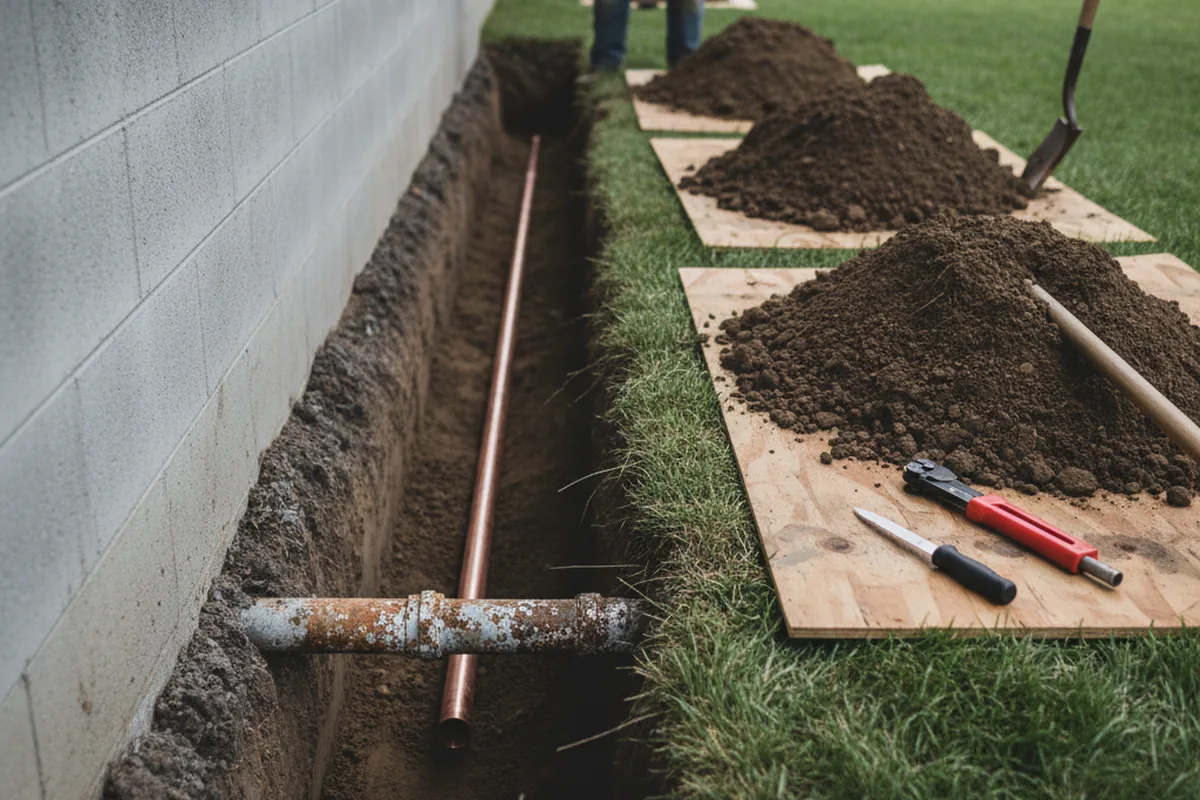 Excavated water line trench during Water Heater Repair in Rolling Prairie